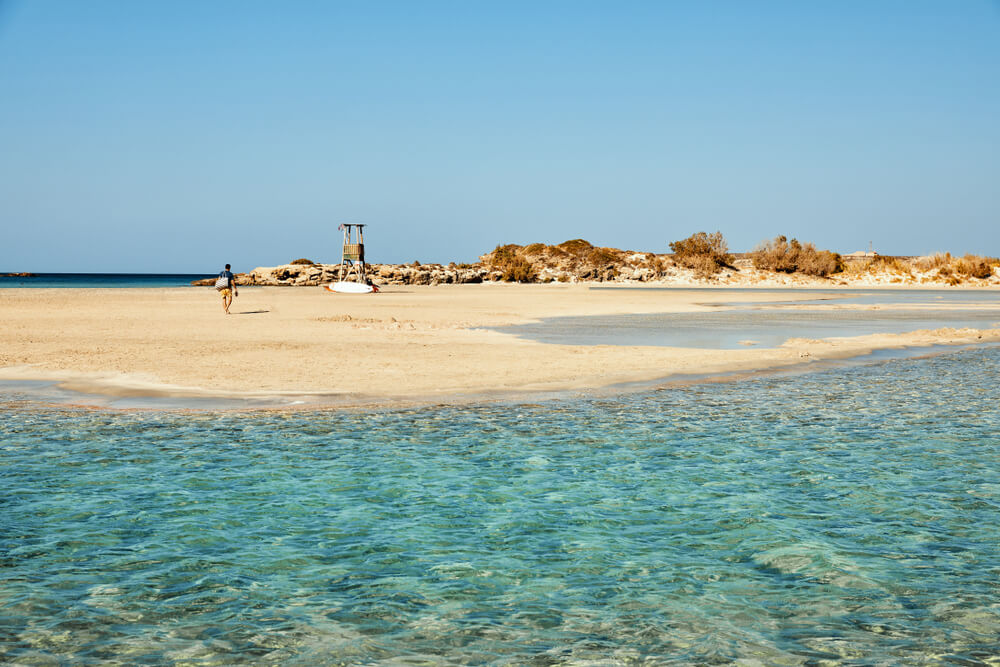 Pláž Elafonisi na Kréte s priezračnou vodou